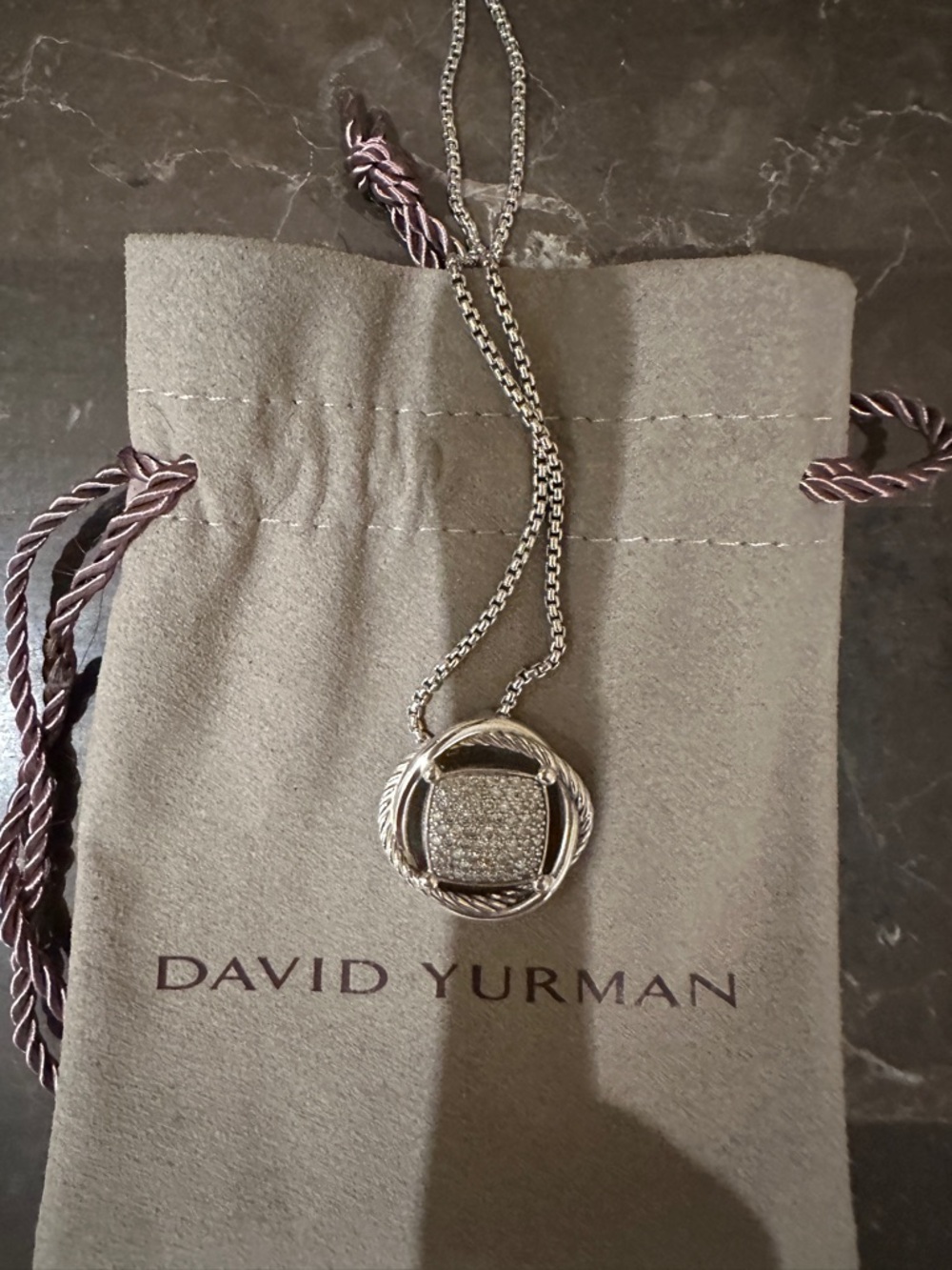 David Yurman Silver Pave Diamond Round Cable Pendant Necklace